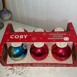 Vintage MCM Mercury glass Coby Red and Blue Holiday Ornaments 3”